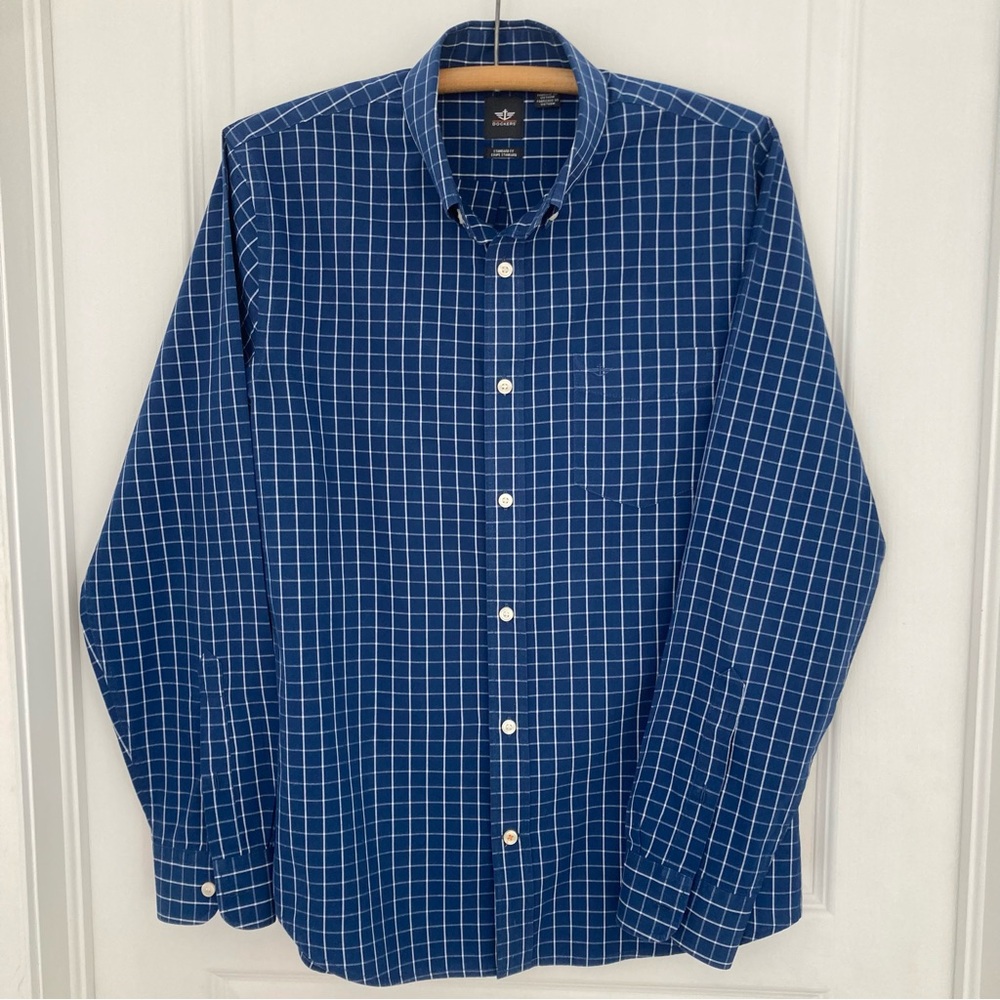 Dockers Navy Checkered Button Down Shirt Medium Standard Fit Long Sleeves